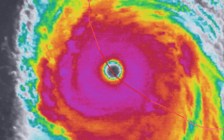 Infrared satellite image of Hurricane Katrina near peak intensity