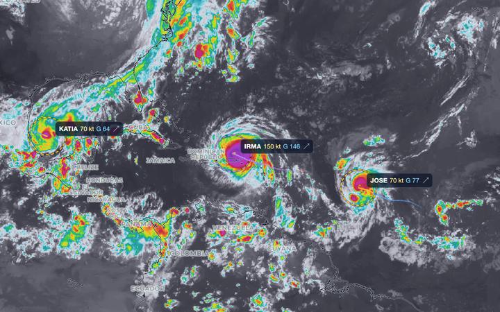 Infrared satellite view of Hurricanes Katia, Irma and Jose